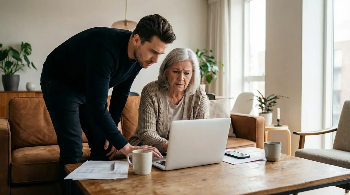 Aide familial et personne agee inquiets devant ordinateur