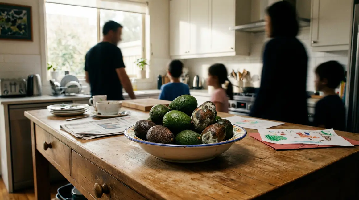 Corbeille de fruits avec avocats abimés et frais en cuisine