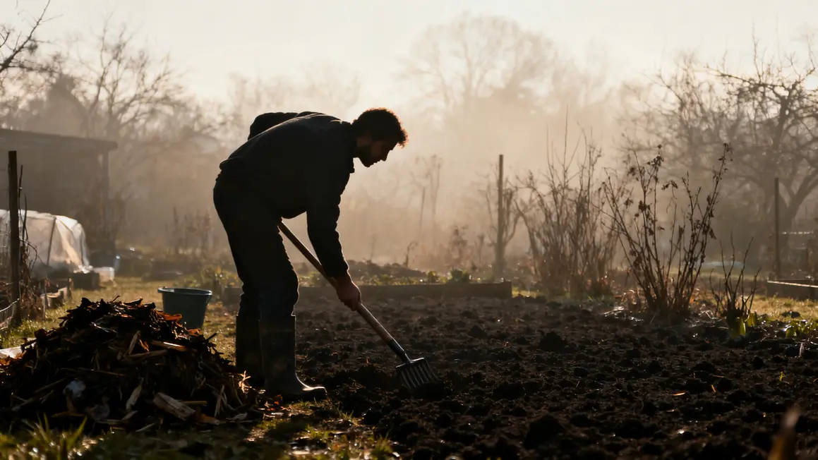 silhouette jardinier creusant sol compost et brume en fevrier