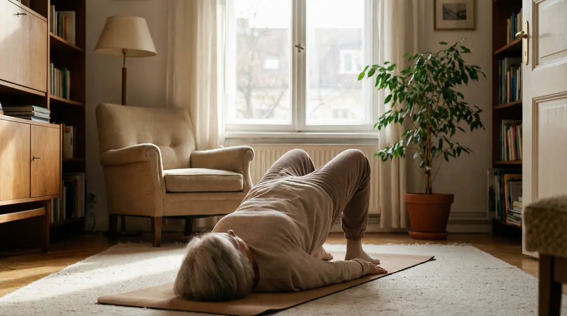 personne agee fait un glute bridge dans un salon
