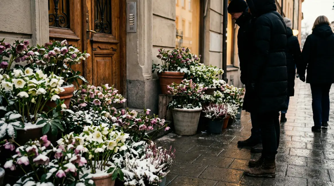 hellébore d'Orient pots fleuris devant porte en hiver