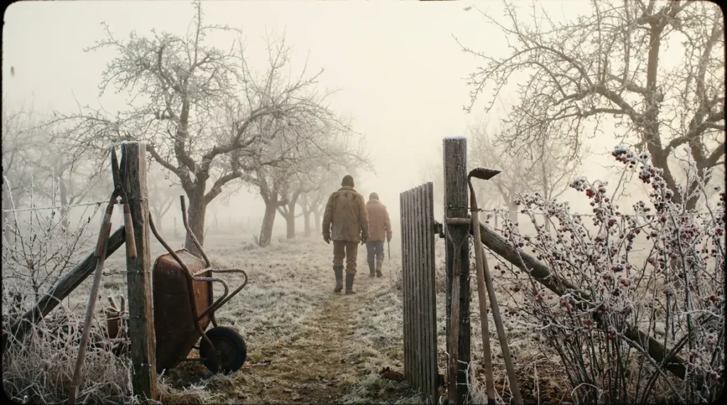 verger hiver brume arbustes givre taille