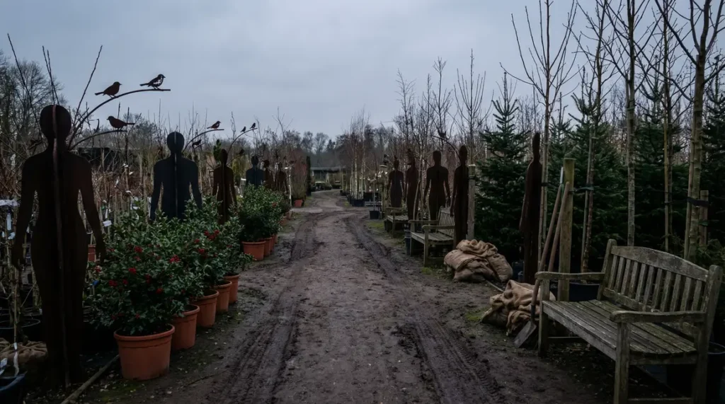 Foule achète du houx en pépinière, ambiance hivernale