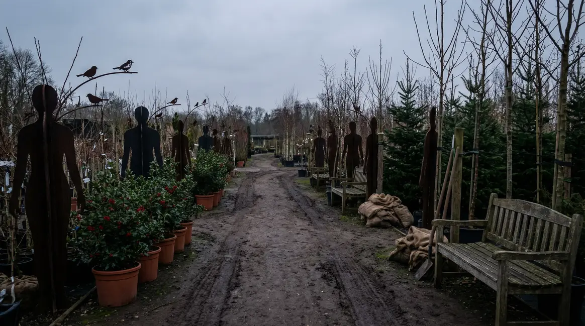 Foule achète du houx en pépinière, ambiance hivernale