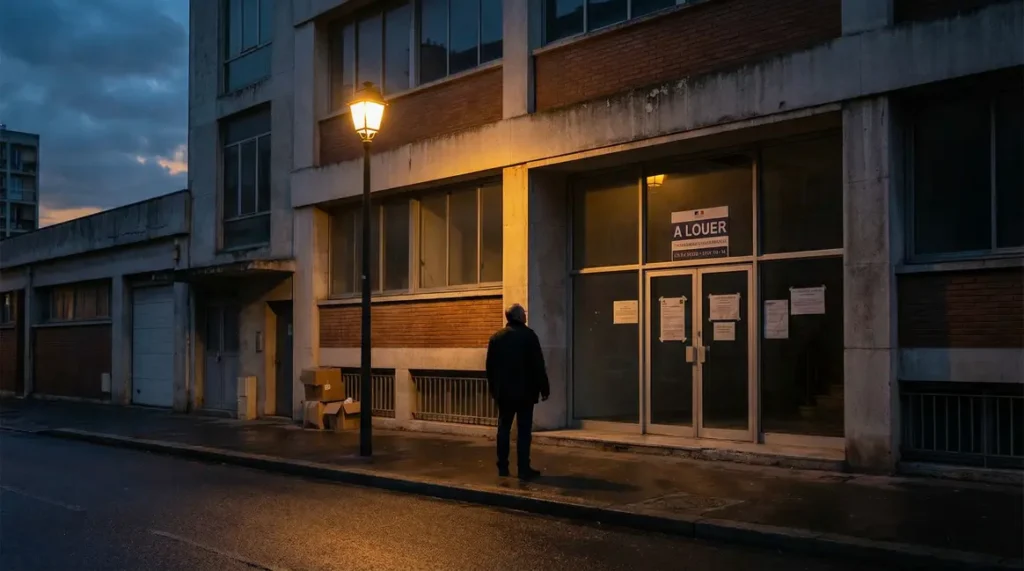 immeuble vide au crepuscule silhouette homme responsabilité