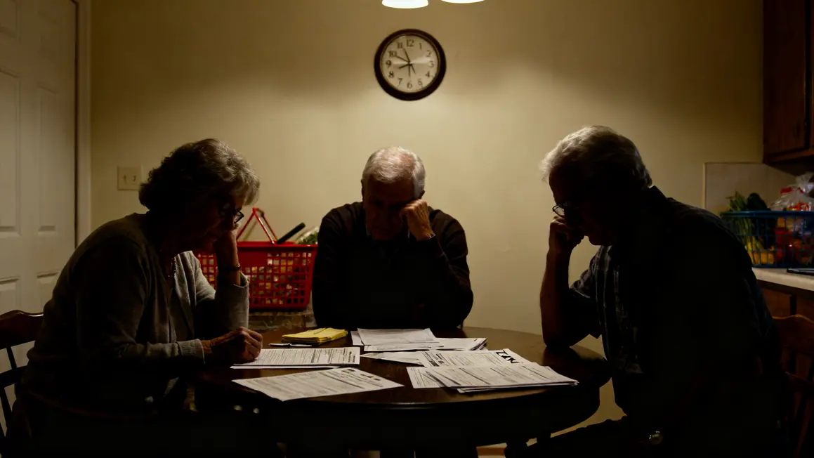Seniors inquiets autour d'une table, documents et factures