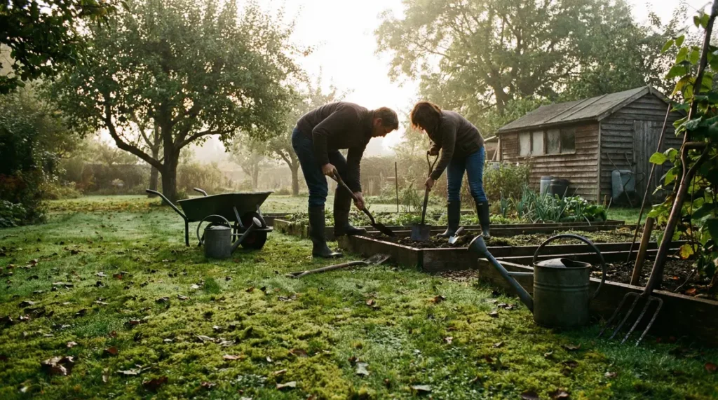 Jardin familial mousse pelouse humide matin