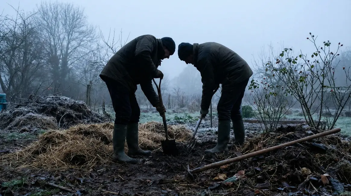 jardin sous brume matinale en fevrier avec jardiniers et compost