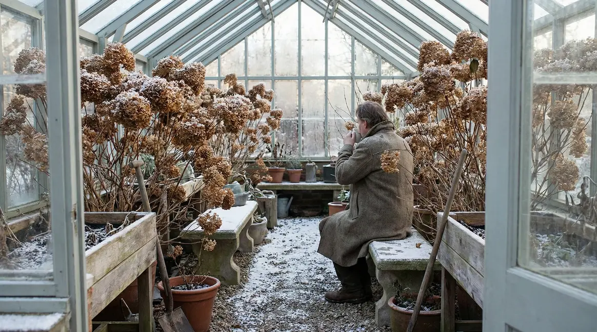 hortensias fanés sous givre en hiver