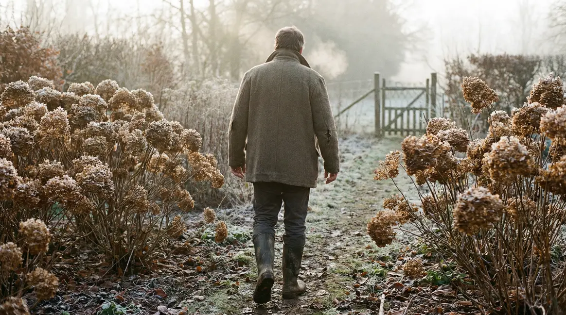 Jardin en hiver avec hortensias fanés et homme de dos