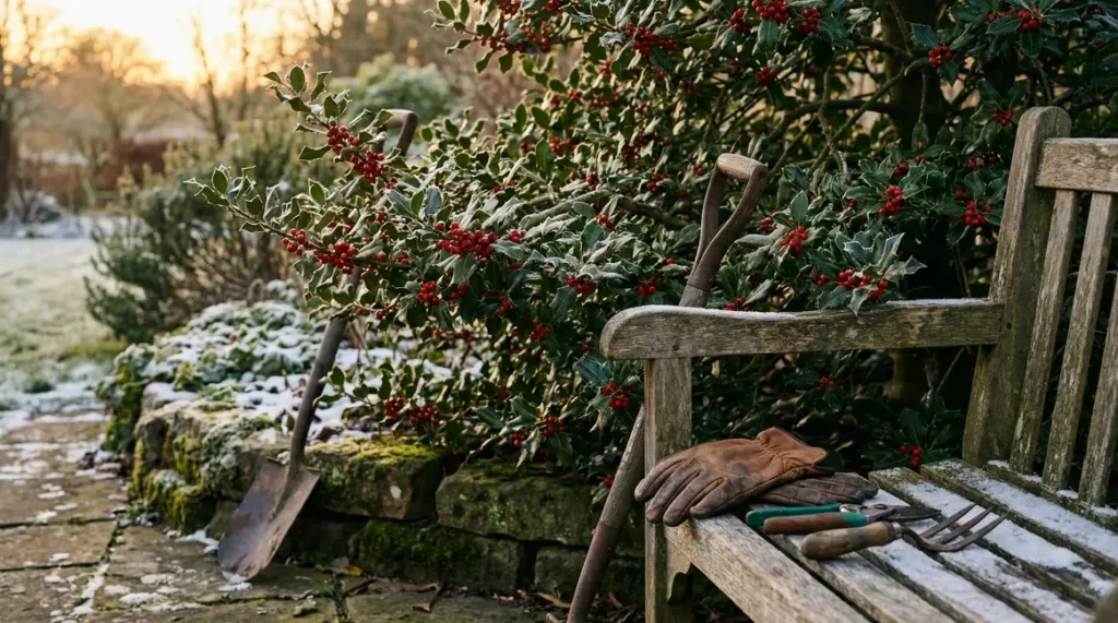 Jardin hivernal, houx baies rouges, outils jardinage