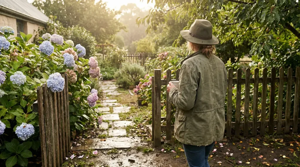jardin hortensia campagne femme après pluie