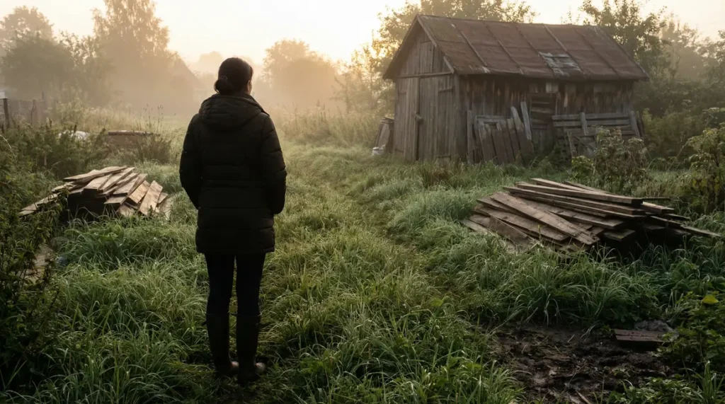 femme inspectant vieux tas de planches et cabane dans jardin humide