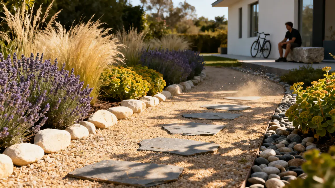 Allée gravier lavande stipa jardin minéral contemporain