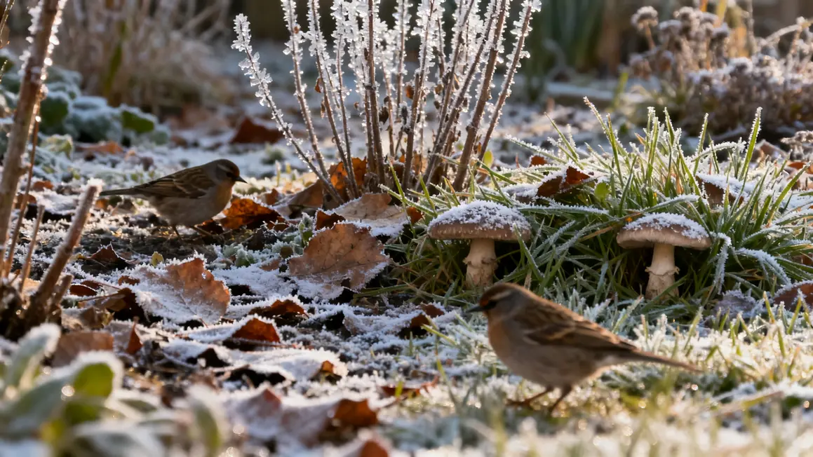 Jardin sauvage givré avec oiseaux et champignons en hiver