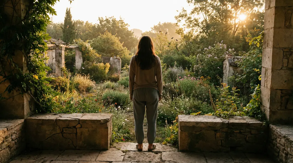Femme sur terrasse admirant jardin sauvage au lever du soleil