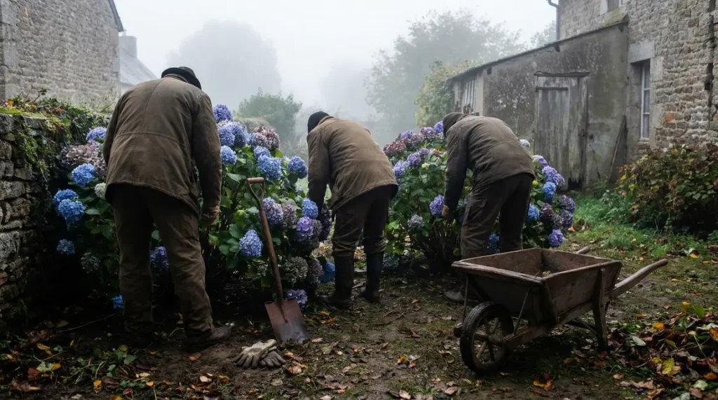 Jardinage hortensia matin outils terre humide SEO