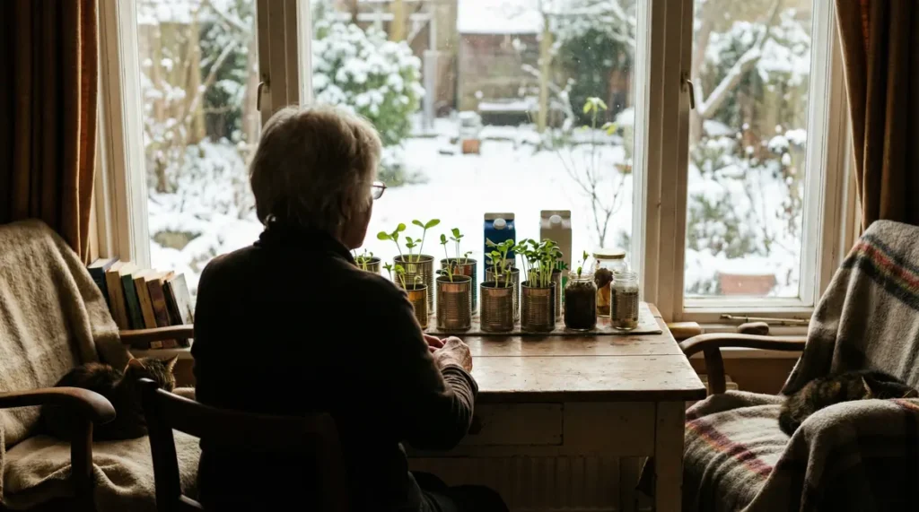 femme âgée observe pousses fenêtre boîte alimentaire hiver