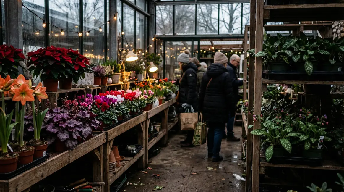 rayons de jardinerie avec plantes décoratives et pulmonaires en hiver