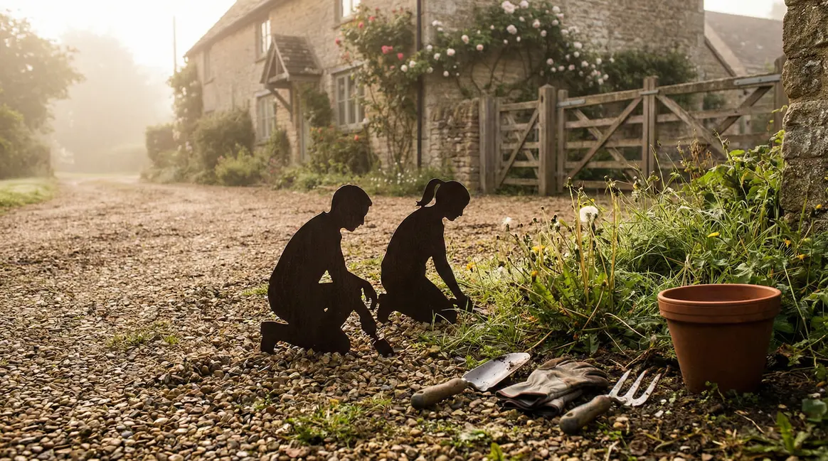 Allée de gravier, jardiniers, mauvaises herbes, outils matin