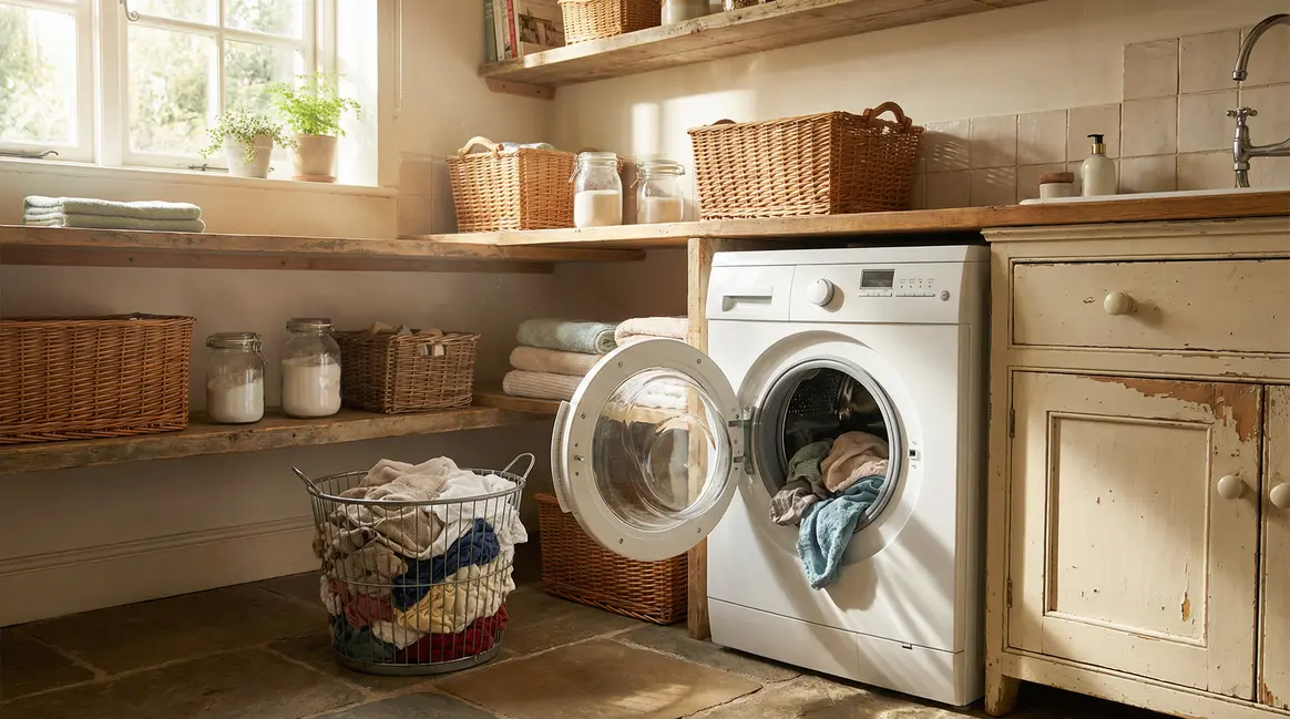 Lave linge ouvert dans buanderie lumineuse et propre