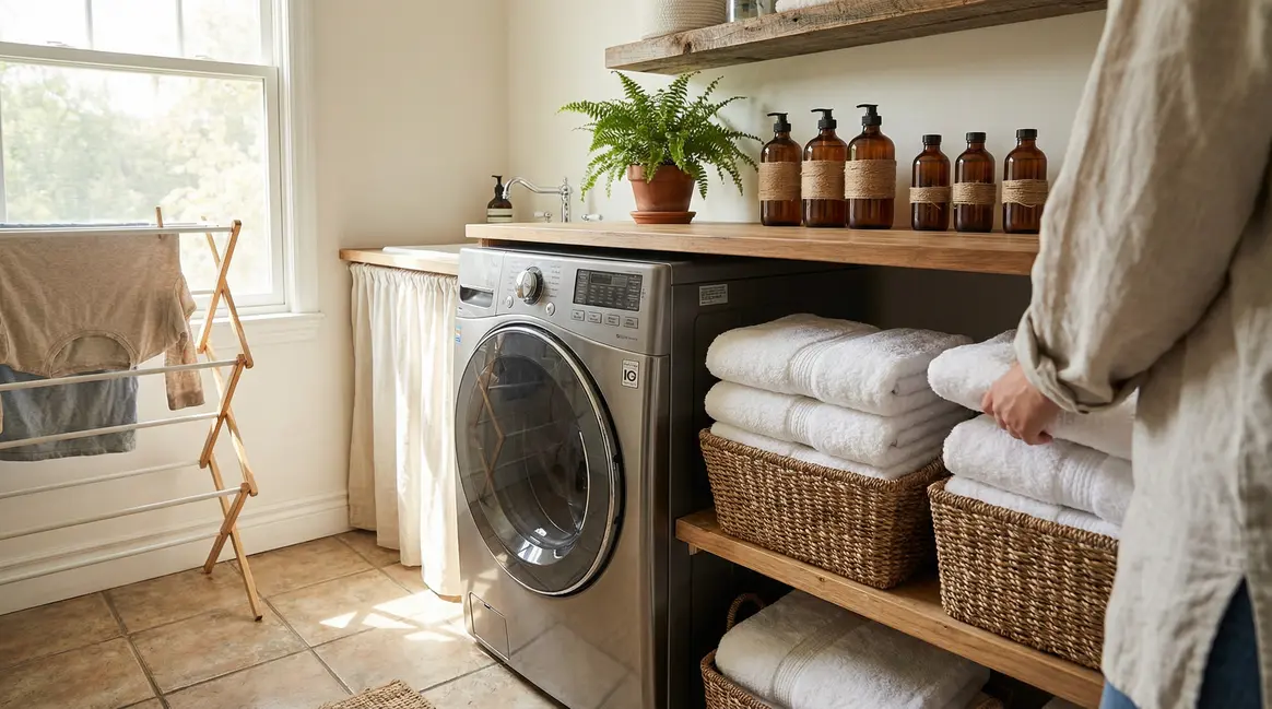 lessive maison saine dans buanderie moderne avec linge blanc