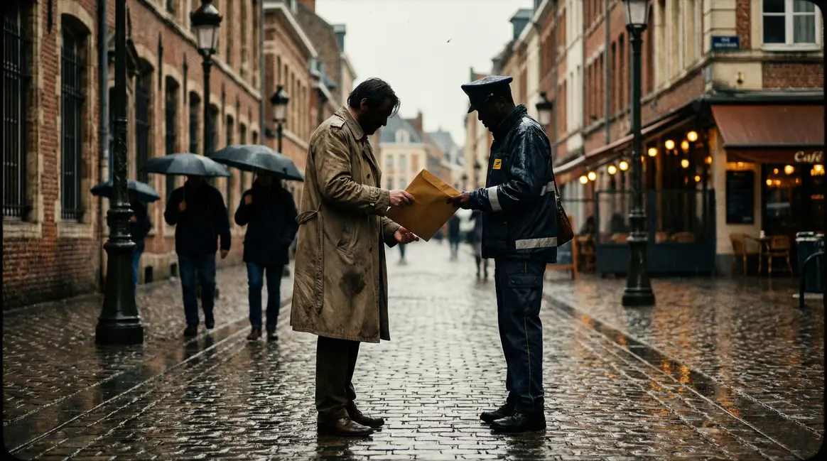 Scène à Lille sous la pluie, facteur remet enveloppe pension retraite