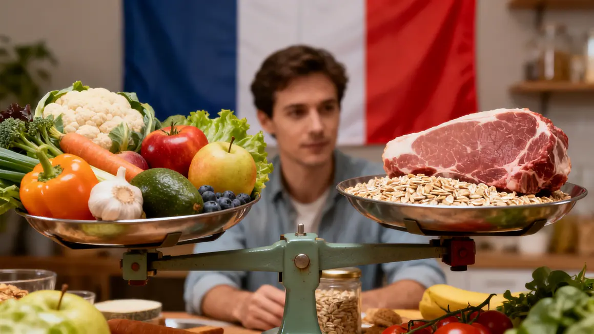 Balance legumes fruits cereales face viande alimentation saine