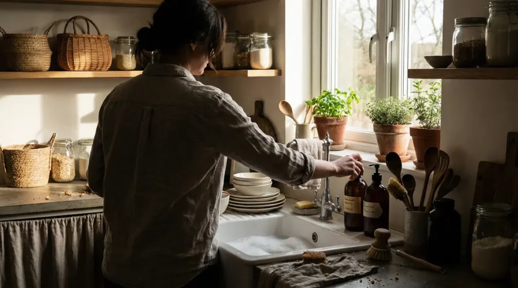 personne utilise savon noir liquide vaisselle maison en cuisine