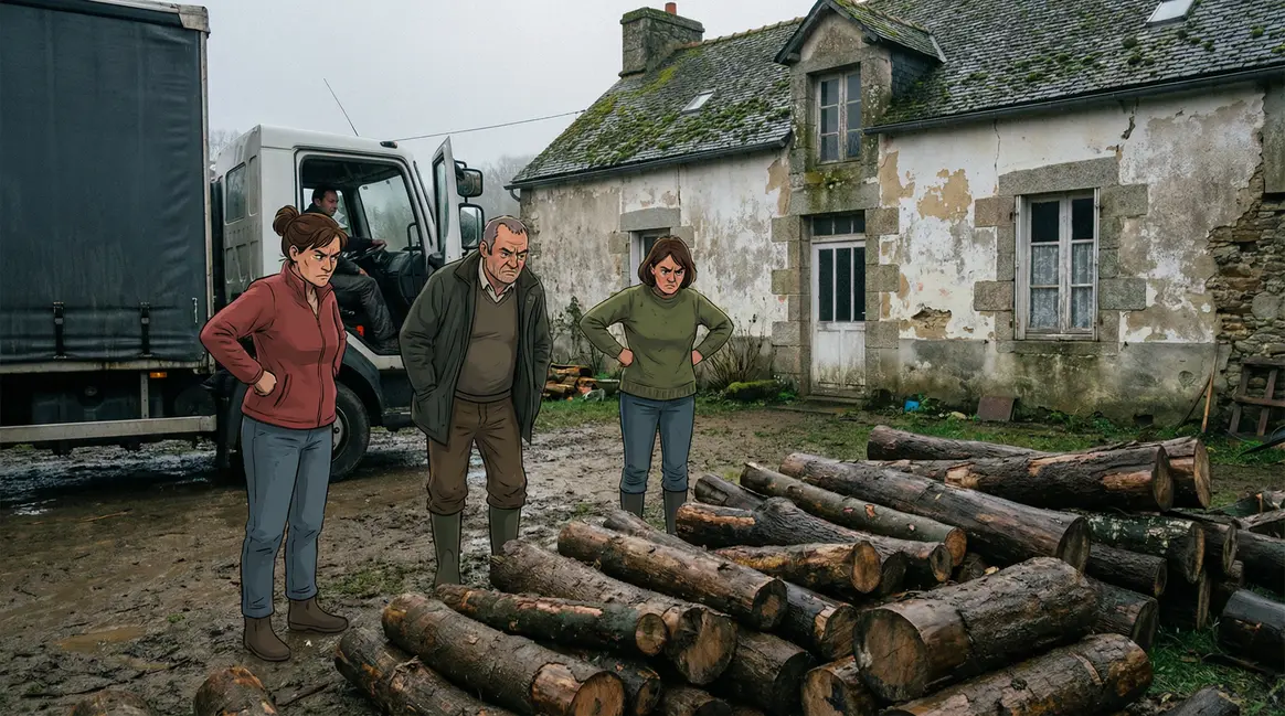Scène livraison bois de chauffage humide maison tension