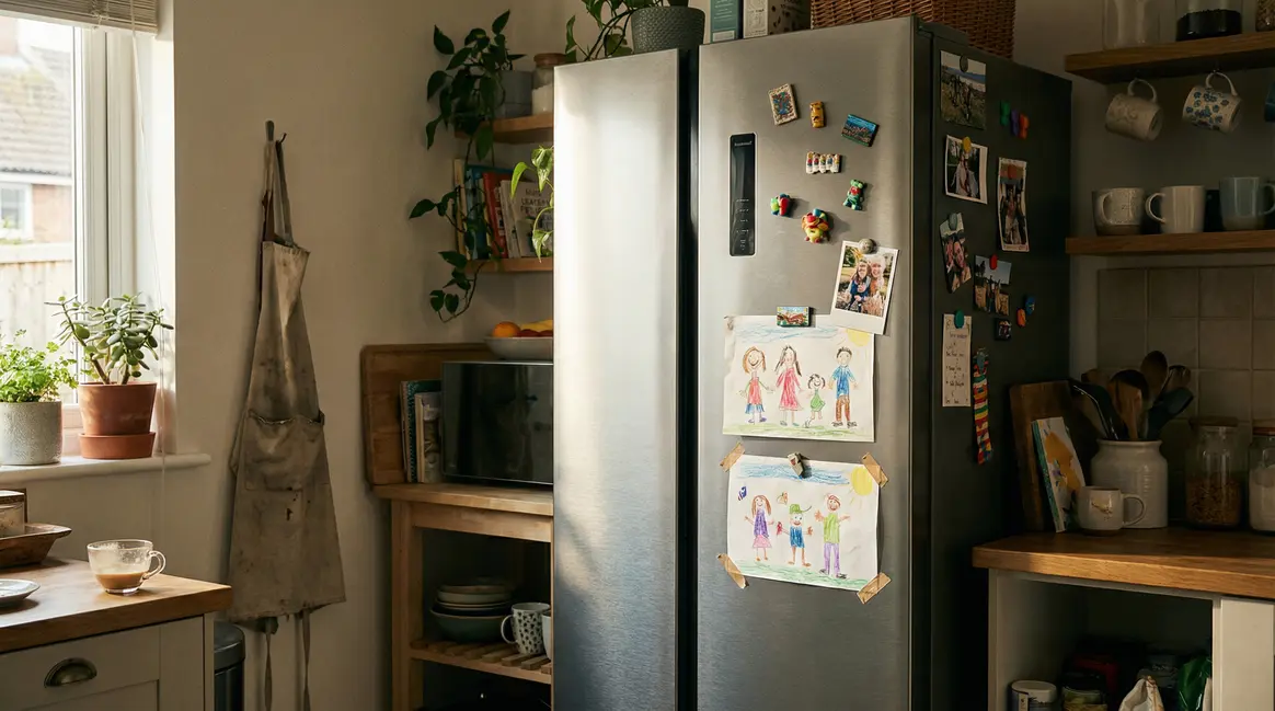 Réfrigérateur moderne avec magnets et dessins d'enfants