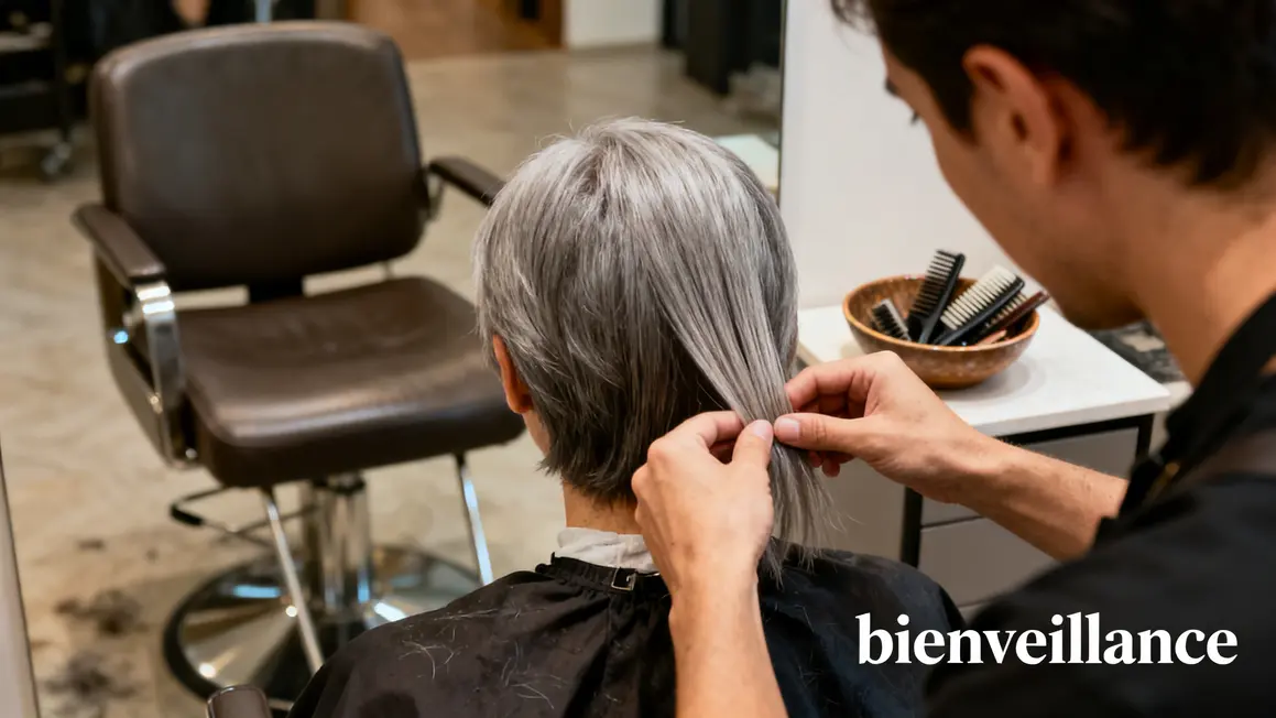 Mains coiffeur ajustant mèches grises bienveillance