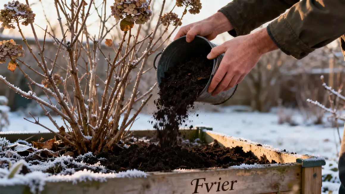 compost versé fevrier pied hortensia sans fleurs