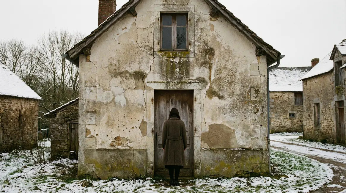 Vue hivernale d'une maison insalubre à Pontivy avec femme