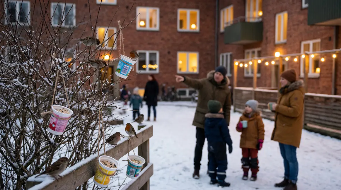 Oiseaux mangeant dans mangeoire pot yaourt plastique neige