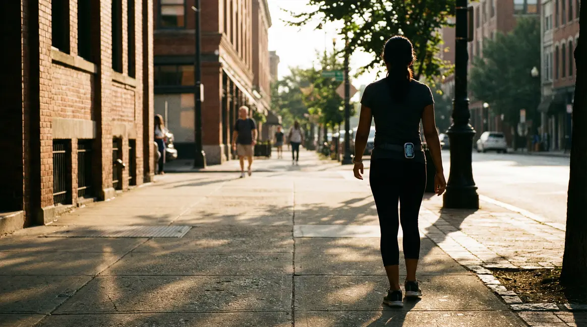 Femme marche podometre urbain matin