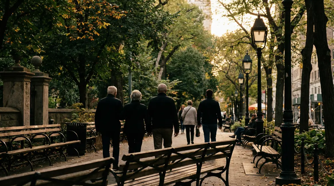 Seniors et adultes marchant dans un parc urbain santé