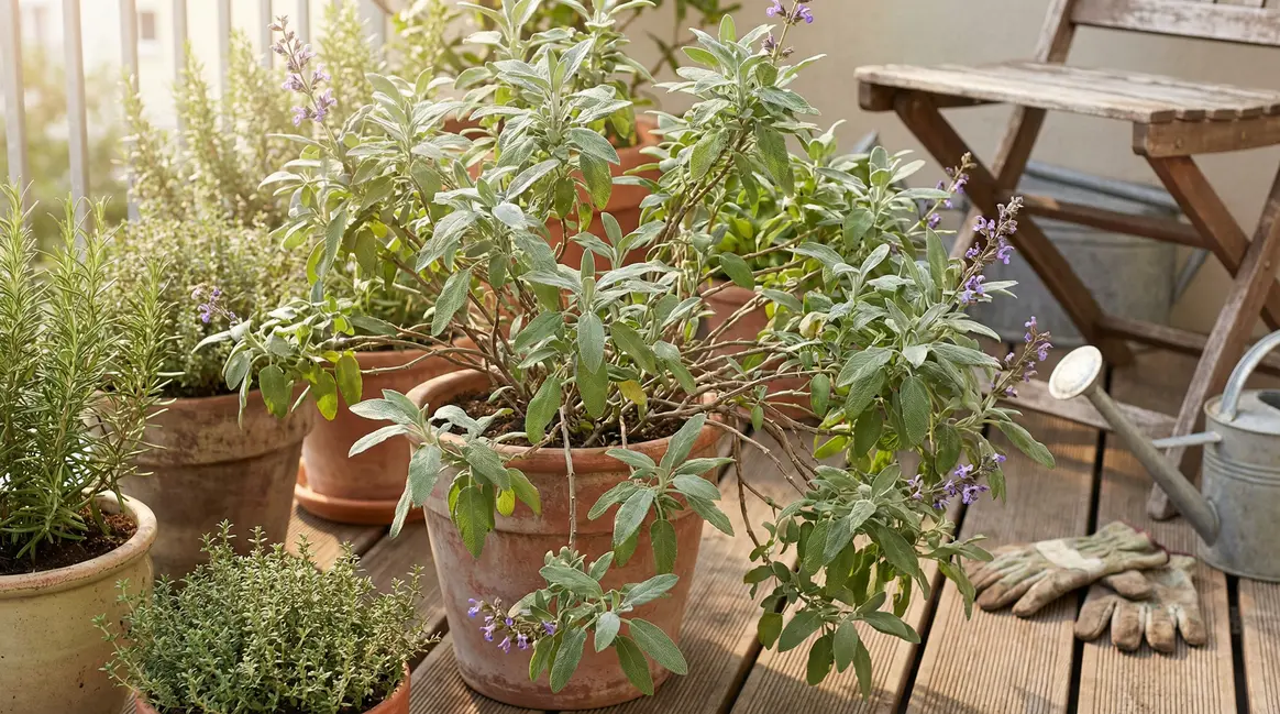 Massif de sauge officinale sur balcon ensoleillé