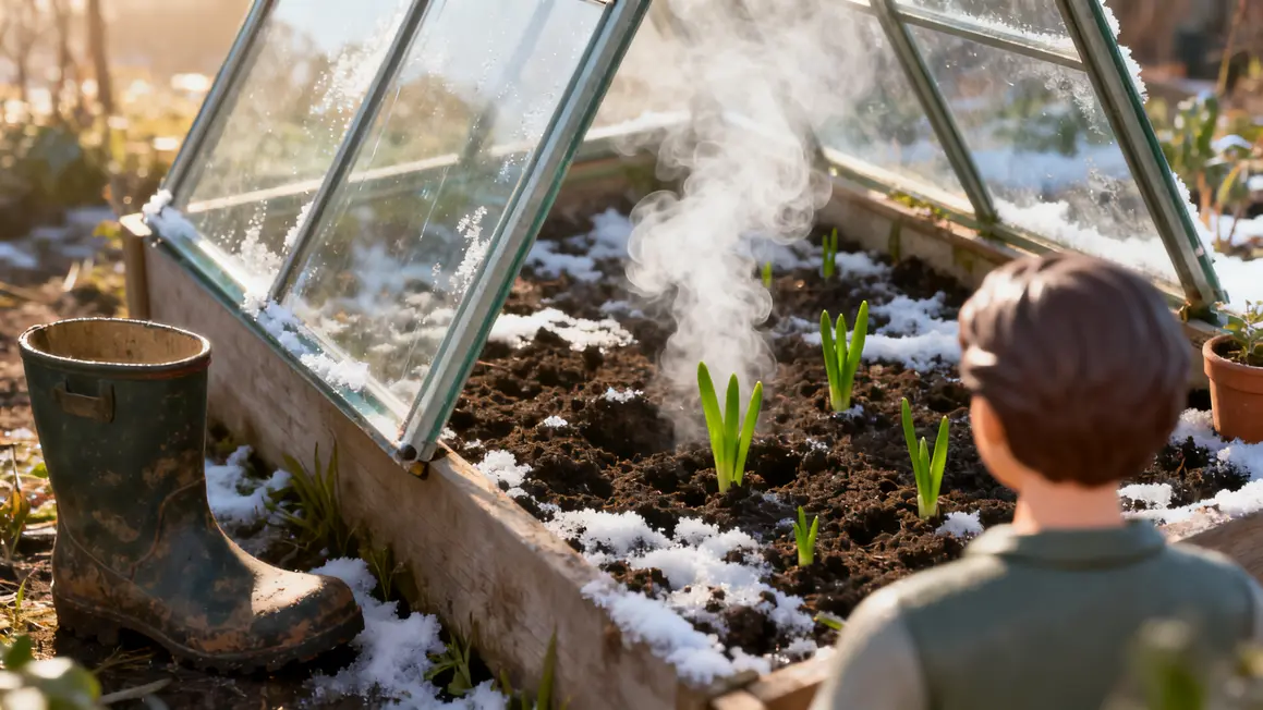 Jardinier potager matinée glaciale châssis froid pousses