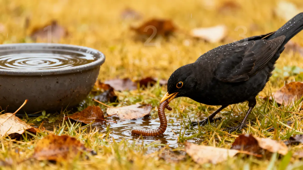 merle pelouse biodiversite pluie ver soucoupe eau