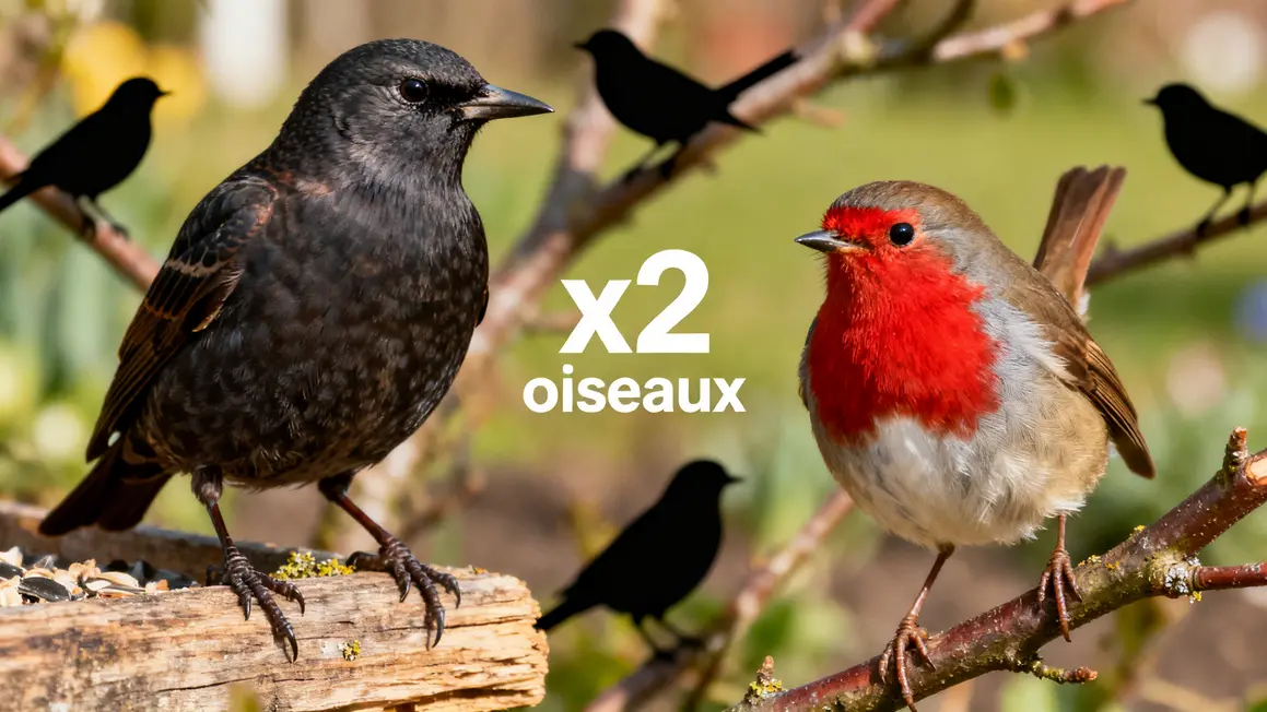 merle rouge gorge et faune sur branchages jardin