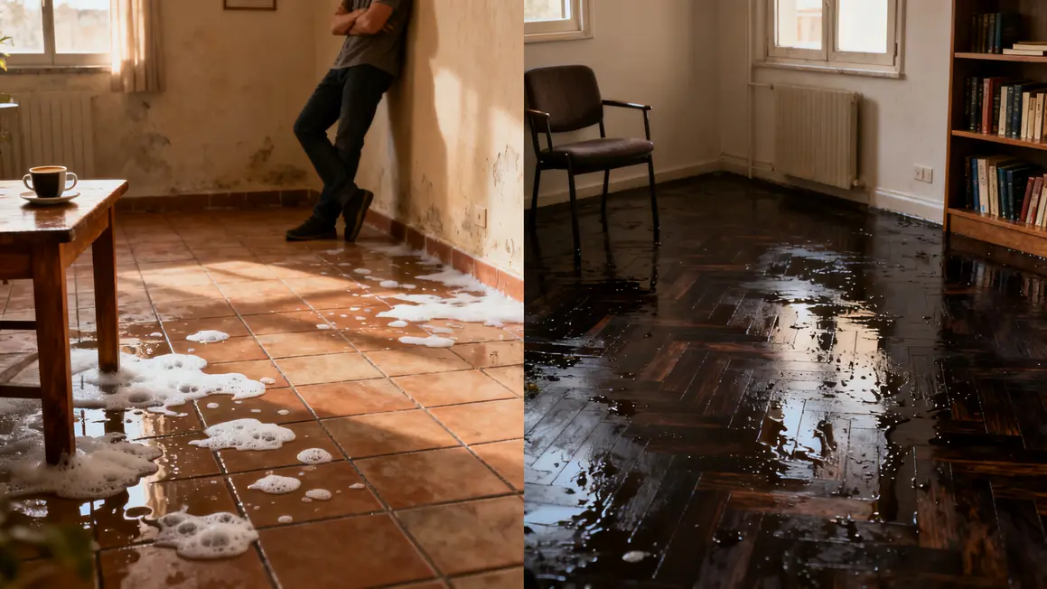 Carrelage latino-americain et parquet humide abîmé