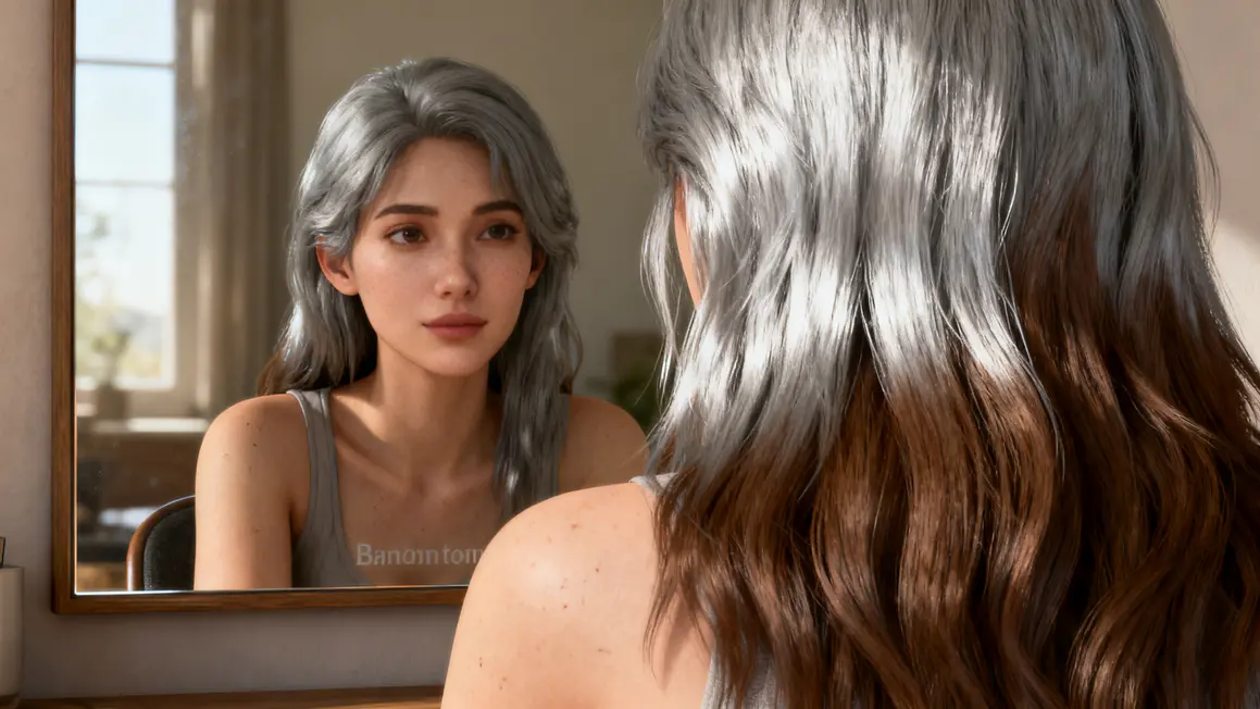 Femme cheveux gris argent bruns miroir