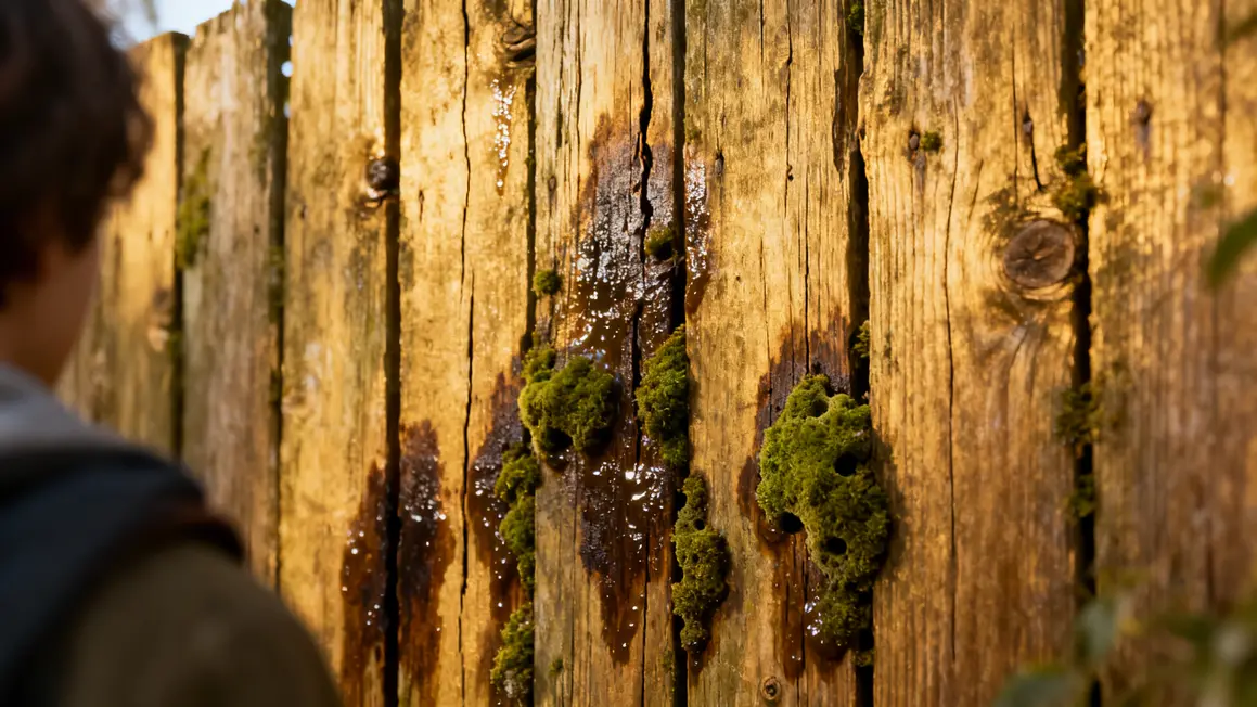 Clôture bois gonflée fissurée mousse humidité
