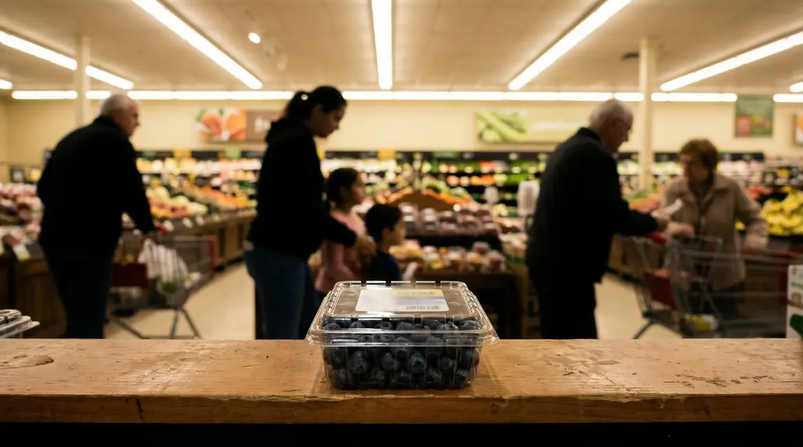 Barquette de myrtilles, silhouettes familles seniors, supermarché, injustice sociale
