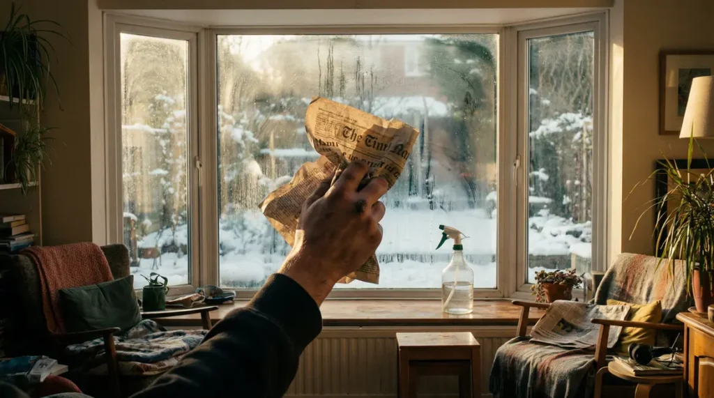 Astuce nettoyer vitre hiver avec journal et vinaigre