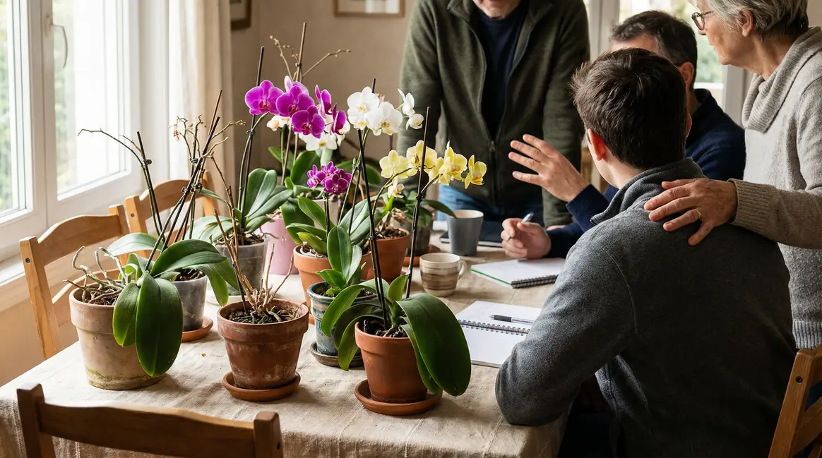groupe autour orchidée en pot avec fleurs et sans fleurs