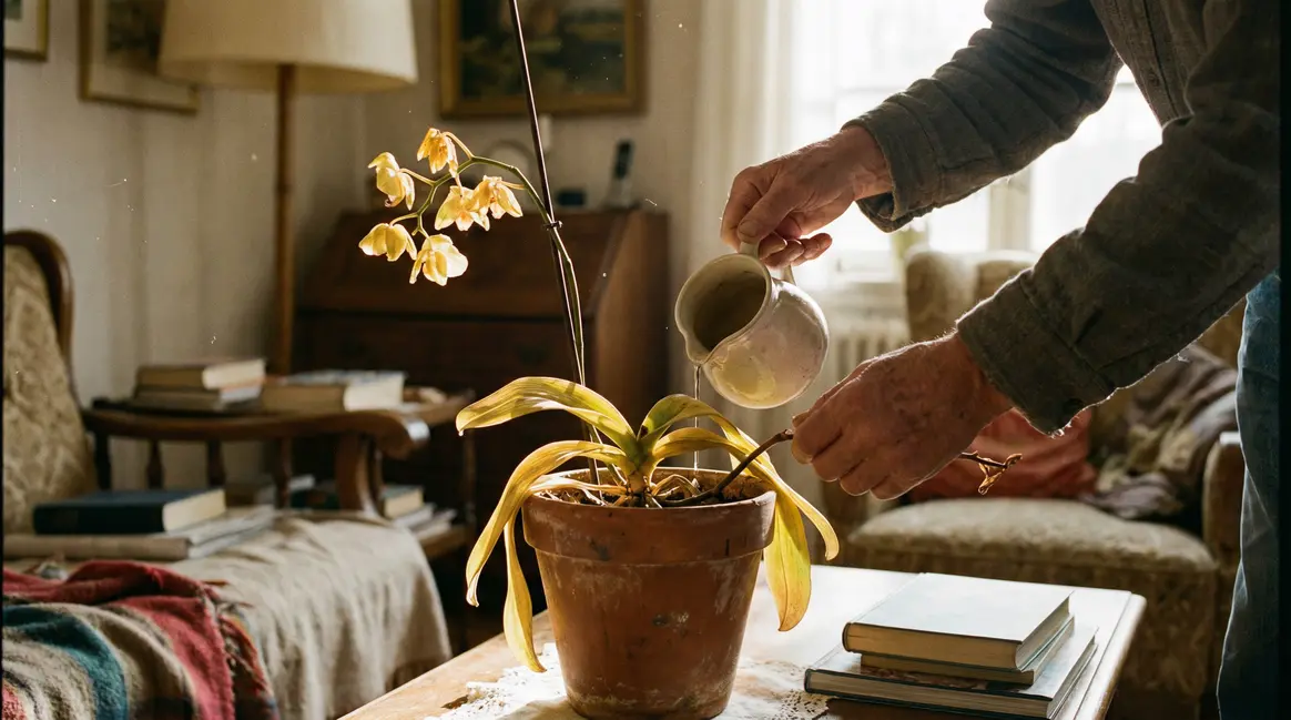 Soins maison orchidee en pot feuilles fanes ambiance espoir