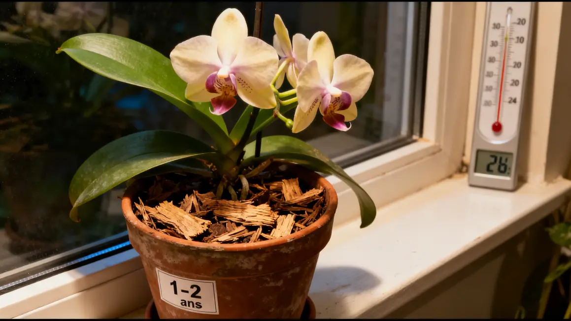orchidée en pot ecorce lumière vive thermomètre surveillé