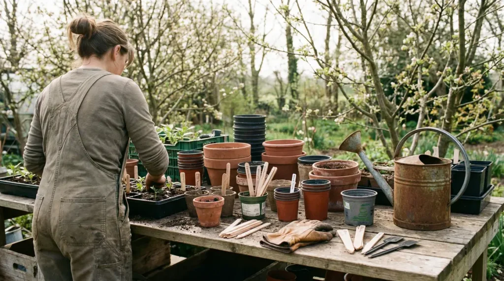 Table de jardin semis pots étiquettes bois et plastique